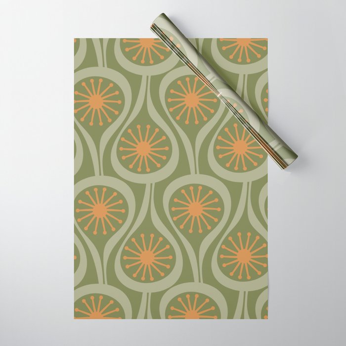 Mid Century Modern Atomic Drops Retro Pattern in Vintage Olive Green, Celadon, and Cantaloupe Orange Wrapping Paper Gallery Image 1