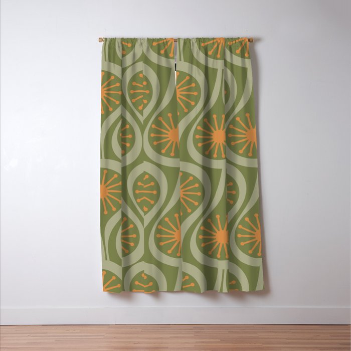 Mid Century Modern Atomic Drops Retro Pattern in Vintage Olive Green, Celadon, and Cantaloupe Orange Window Curtain Gallery Image 3