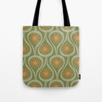 Mid Century Modern Atomic Drops Retro Pattern in Vintage Olive Green, Celadon, and Cantaloupe Orange Tote Bag Gallery Image 1