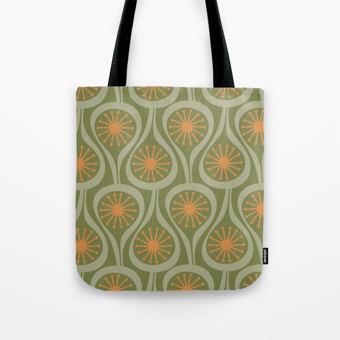 Mid Century Modern Atomic Drops Retro Pattern in Vintage Olive Green, Celadon, and Cantaloupe Orange Tote Bag Gallery Image 1