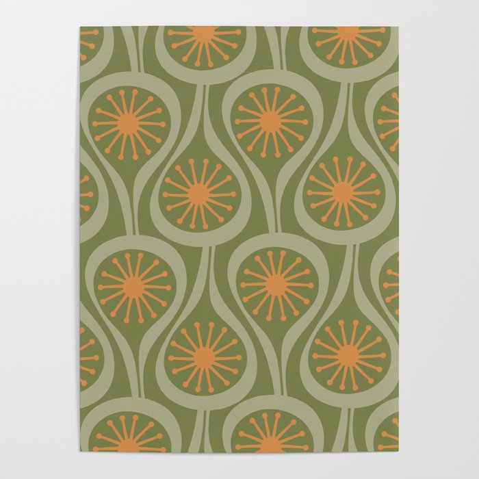 Mid Century Modern Atomic Drops Retro Pattern in Vintage Olive Green, Celadon, and Cantaloupe Orange Poster Gallery Image 4