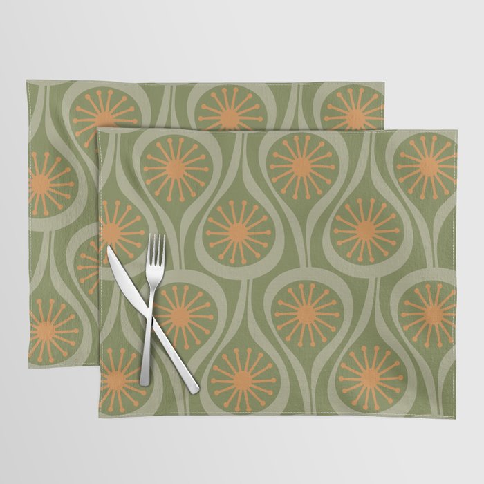 Mid Century Modern Atomic Drops Retro Pattern in Vintage Olive Green, Celadon, and Cantaloupe Orange Placemat Gallery Image 1