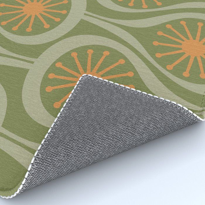 Mid Century Modern Atomic Drops Retro Pattern in Vintage Olive Green, Celadon, and Cantaloupe Orange Rug Gallery Image 4