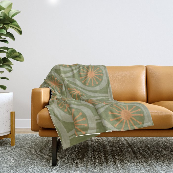 Mid Century Modern Atomic Drops Retro Pattern in Vintage Olive Green, Celadon, and Cantaloupe Orange Throw Blanket Gallery Image 1