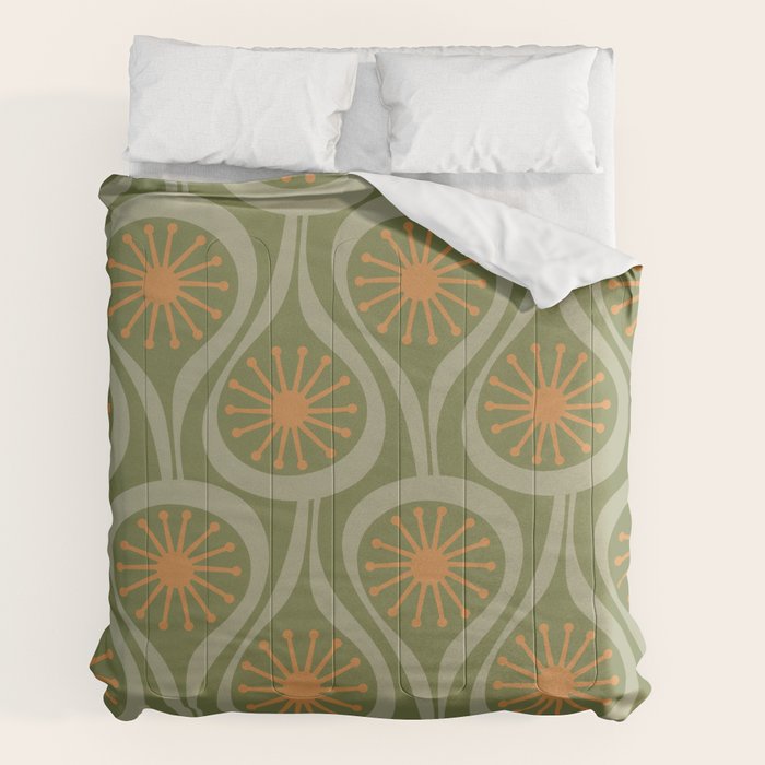 Mid Century Modern Atomic Drops Retro Pattern in Vintage Olive Green, Celadon, and Cantaloupe Orange Comforter Gallery Image 2