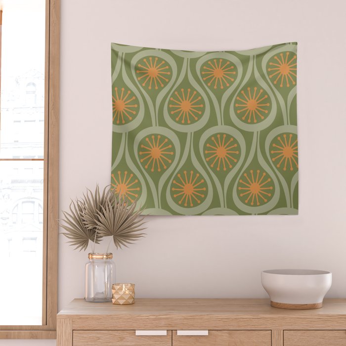Mid Century Modern Atomic Drops Retro Pattern in Vintage Olive Green, Celadon, and Cantaloupe Orange Wall Tapestry Gallery Image 2