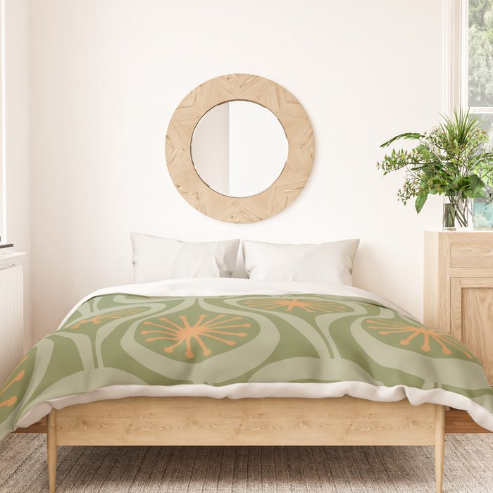Mid Century Modern Atomic Drops Retro Pattern in Vintage Olive Green, Celadon, and Cantaloupe Orange Duvet Cover Gallery Image 3
