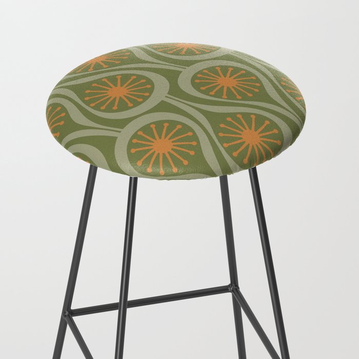 Mid Century Modern Atomic Drops Retro Pattern in Vintage Olive Green, Celadon, and Cantaloupe Orange Stool Gallery Image 2