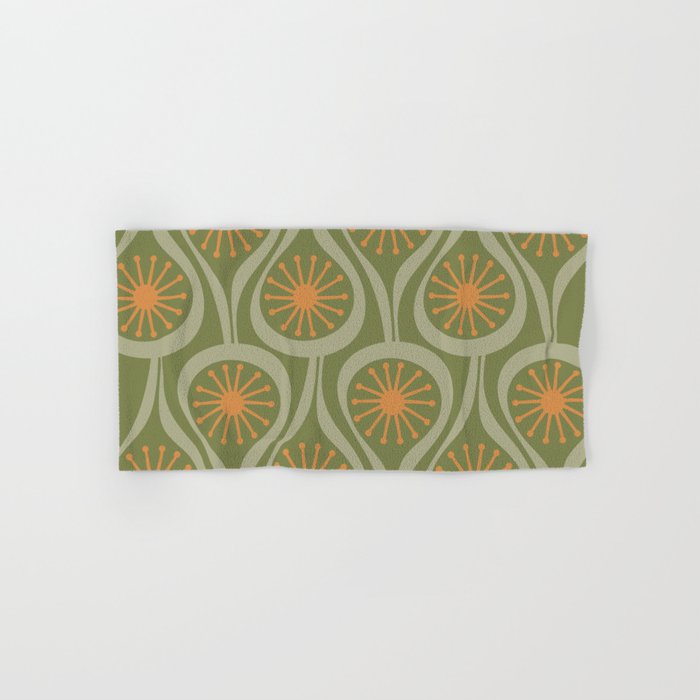 Mid Century Modern Atomic Drops Retro Pattern in Vintage Olive Green, Celadon, and Cantaloupe Orange Bath Towel Gallery Image 1