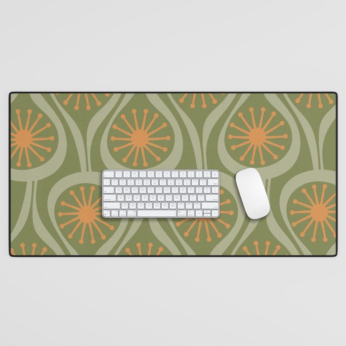Mid Century Modern Atomic Drops Retro Pattern in Vintage Olive Green, Celadon, and Cantaloupe Orange Desk Mat Gallery Image 1
