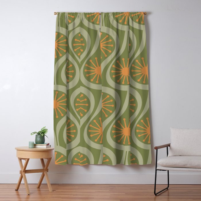 Mid Century Modern Atomic Drops Retro Pattern in Vintage Olive Green, Celadon, and Cantaloupe Orange Window Curtain Gallery Image 1