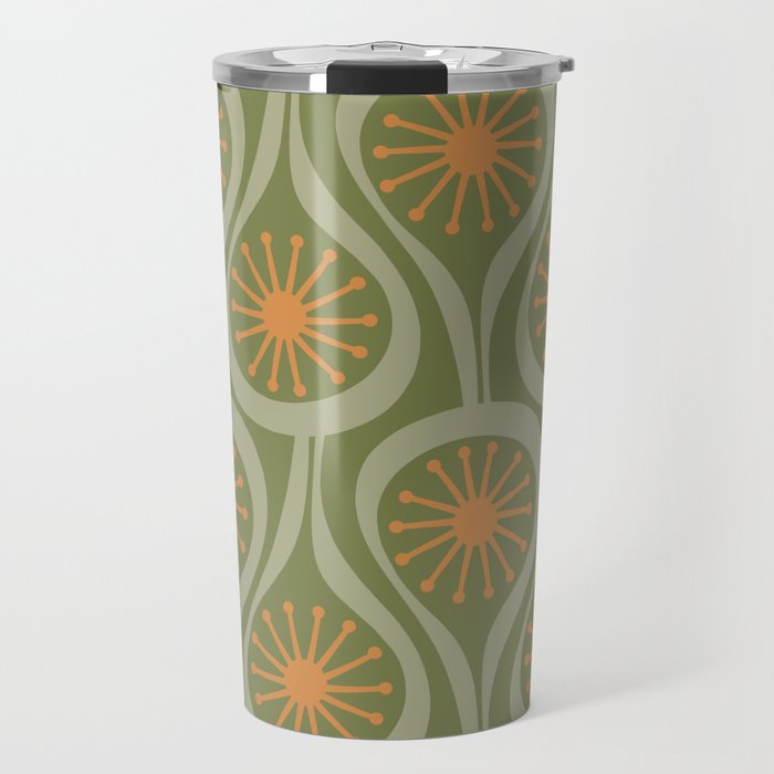 Mid Century Modern Atomic Drops Retro Pattern in Vintage Olive Green, Celadon, and Cantaloupe Orange Travel Mug Gallery Image 1