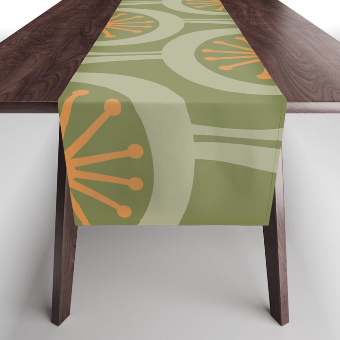 Mid Century Modern Atomic Drops Retro Pattern in Vintage Olive Green, Celadon, and Cantaloupe Orange Table Runner Gallery Image 1