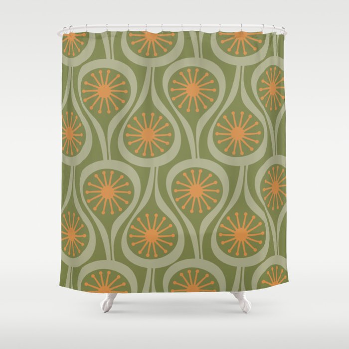 Mid Century Modern Atomic Drops Retro Pattern in Vintage Olive Green, Celadon, and Cantaloupe Orange Shower Curtain Gallery Image 1