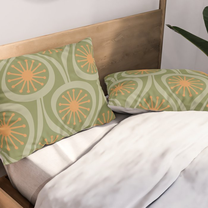 Mid Century Modern Atomic Drops Retro Pattern in Vintage Olive Green, Celadon, and Cantaloupe Orange Pillow Sham Gallery Image 2