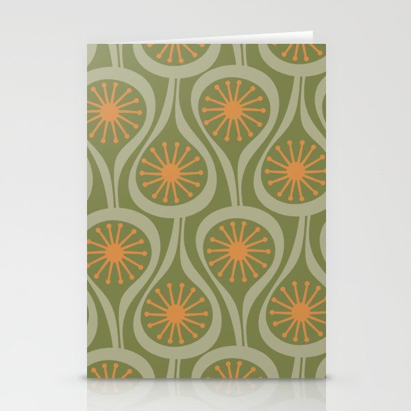 Mid Century Modern Atomic Drops Retro Pattern in Vintage Olive Green, Celadon, and Cantaloupe Orange Stationery Card Gallery Image 2