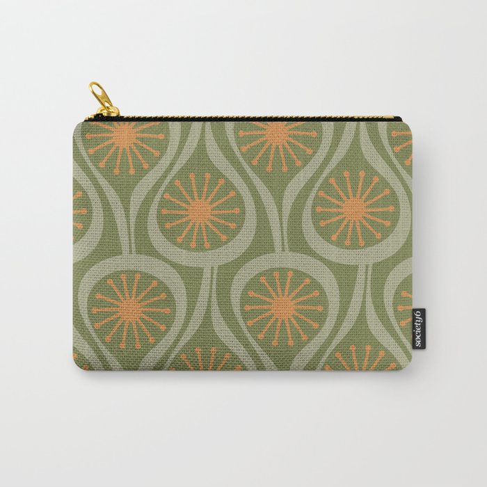 Mid Century Modern Atomic Drops Retro Pattern in Vintage Olive Green, Celadon, and Cantaloupe Orange Carry All Pouch Gallery Image 1