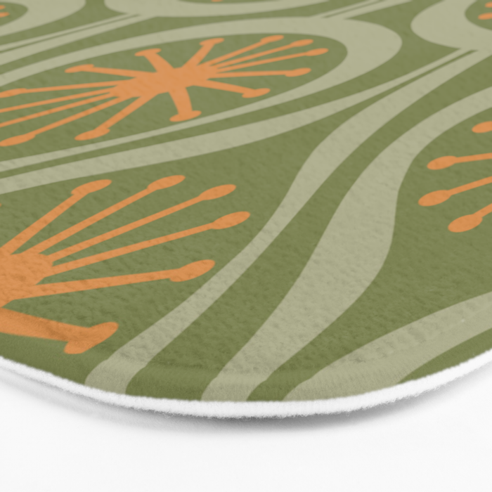 Mid Century Modern Atomic Drops Retro Pattern in Vintage Olive Green, Celadon, and Cantaloupe Orange Bath Mat Gallery Image 3