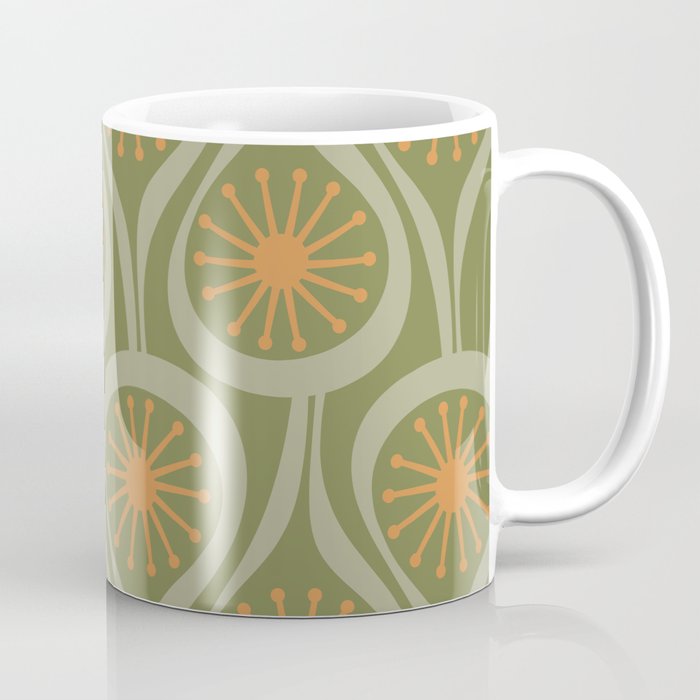 Mid Century Modern Atomic Drops Retro Pattern in Vintage Olive Green, Celadon, and Cantaloupe Orange Coffee Mug Gallery Image 1