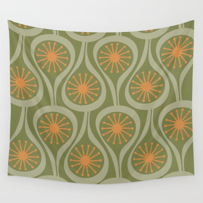 Mid Century Modern Atomic Drops Retro Pattern in Vintage Olive Green, Celadon, and Cantaloupe Orange Wall Tapestry Gallery Image 1