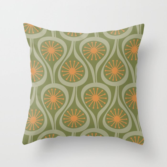Mid Century Modern Atomic Drops Retro Pattern in Vintage Olive Green, Celadon, and Cantaloupe Orange Throw Pillow Gallery Image 6