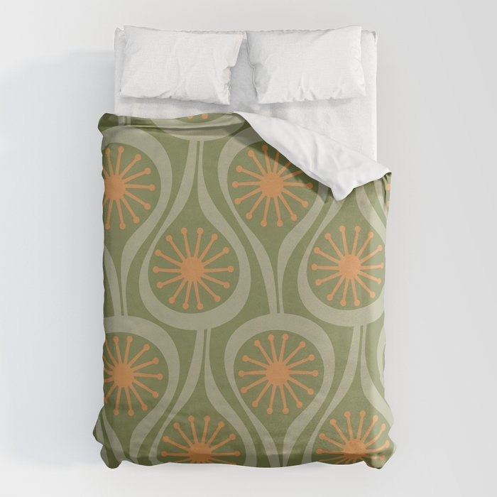 Mid Century Modern Atomic Drops Retro Pattern in Vintage Olive Green, Celadon, and Cantaloupe Orange Duvet Cover Gallery Image 6