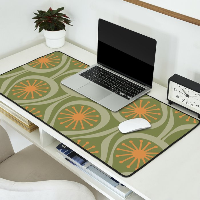Mid Century Modern Atomic Drops Retro Pattern in Vintage Olive Green, Celadon, and Cantaloupe Orange Desk Mat Gallery Image 2