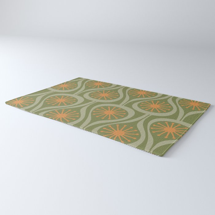 Mid Century Modern Atomic Drops Retro Pattern in Vintage Olive Green, Celadon, and Cantaloupe Orange Rug Gallery Image 3