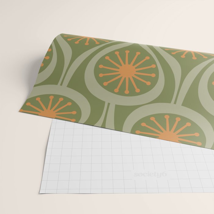 Mid Century Modern Atomic Drops Retro Pattern in Vintage Olive Green, Celadon, and Cantaloupe Orange Wrapping Paper Gallery Image 2