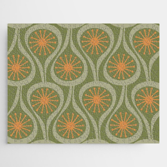 Mid Century Modern Atomic Drops Retro Pattern in Vintage Olive Green, Celadon, and Cantaloupe Orange Jigsaw Puzzle Gallery Image 1