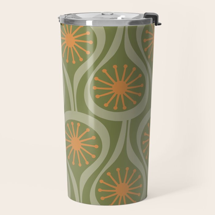 Mid Century Modern Atomic Drops Retro Pattern in Vintage Olive Green, Celadon, and Cantaloupe Orange Travel Mug Gallery Image 2