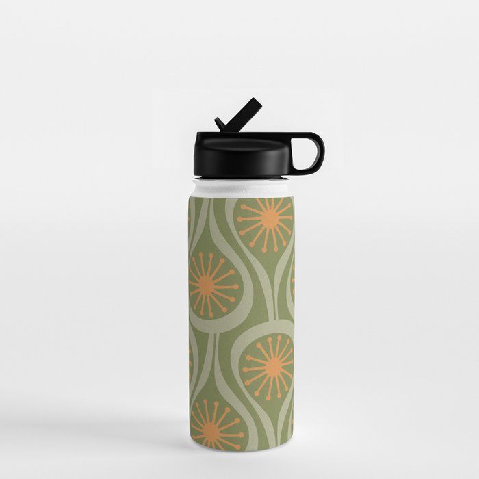 Mid Century Modern Atomic Drops Retro Pattern in Vintage Olive Green, Celadon, and Cantaloupe Orange Water Bottle Gallery Image 1