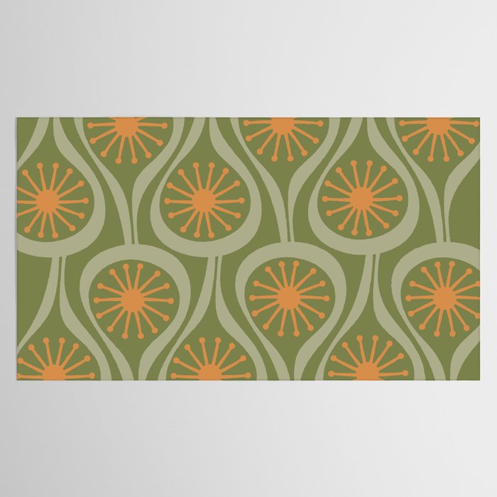 Mid Century Modern Atomic Drops Retro Pattern in Vintage Olive Green, Celadon, and Cantaloupe Orange Tablecloth Gallery Image 2