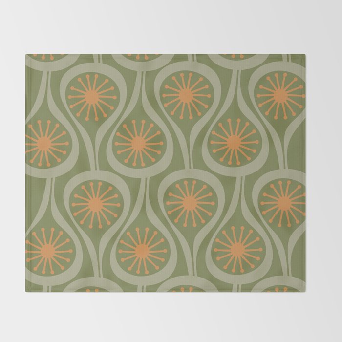 Mid Century Modern Atomic Drops Retro Pattern in Vintage Olive Green, Celadon, and Cantaloupe Orange Throw Blanket Gallery Image 2