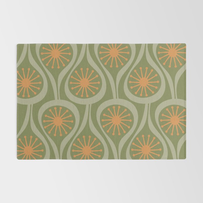 Mid Century Modern Atomic Drops Retro Pattern in Vintage Olive Green, Celadon, and Cantaloupe Orange Rug Gallery Image 2