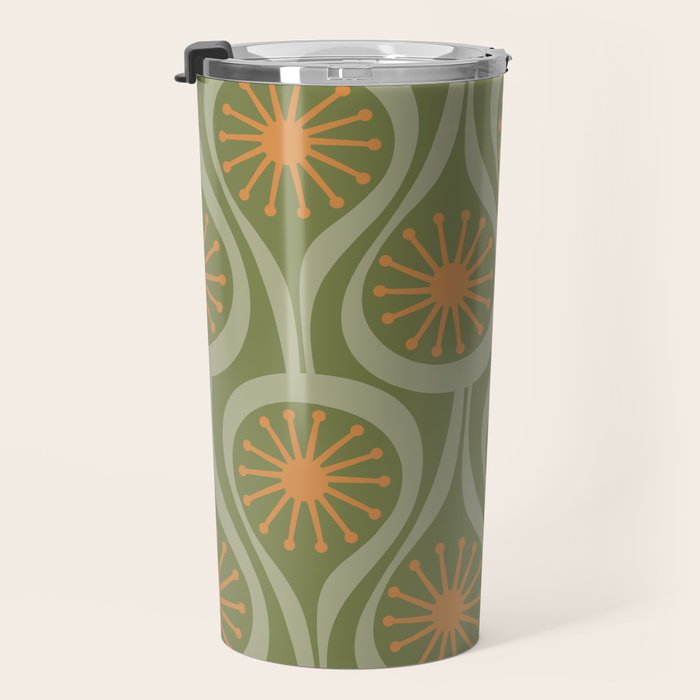 Mid Century Modern Atomic Drops Retro Pattern in Vintage Olive Green, Celadon, and Cantaloupe Orange Travel Mug Gallery Image 3