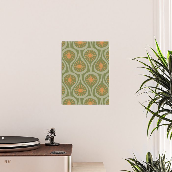 Mid Century Modern Atomic Drops Retro Pattern in Vintage Olive Green, Celadon, and Cantaloupe Orange Poster Gallery Image 2