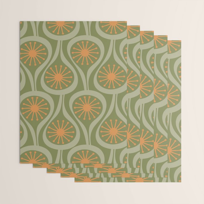 Mid Century Modern Atomic Drops Retro Pattern in Vintage Olive Green, Celadon, and Cantaloupe Orange Wrapping Paper Gallery Image 3
