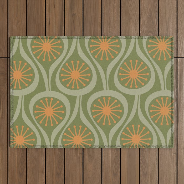 Mid Century Modern Atomic Drops Retro Pattern in Vintage Olive Green, Celadon, and Cantaloupe Orange Outdoor Rug Gallery Image 1