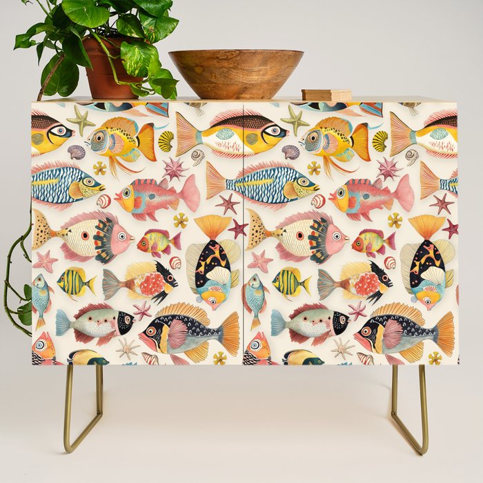 Whimsical Underwater World Multicolor Fish Pattern Credenza Gallery Image 1