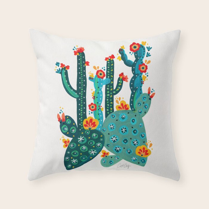 Cactus Garden Acrylic - Teal Throw Pillow Gallery Image 1