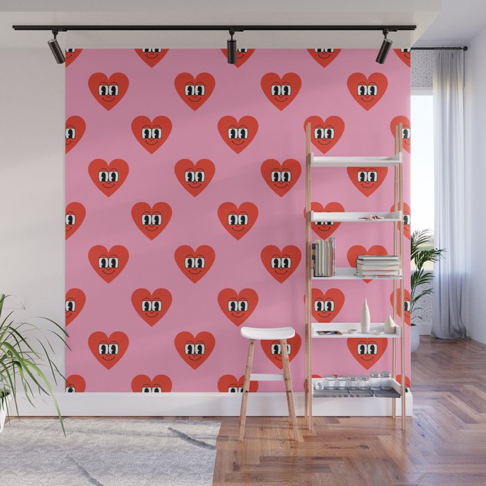 Funny retro love heart cartoon pattern Wall Mural Gallery Image 1