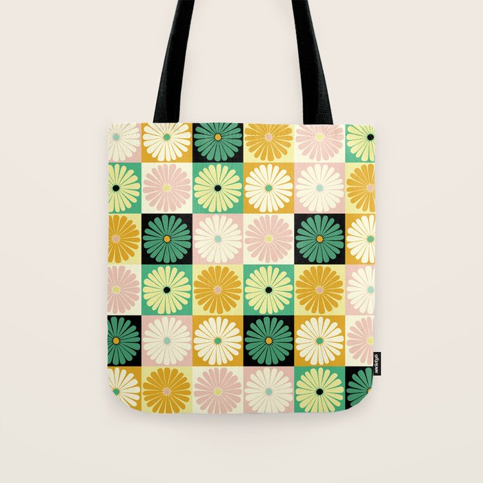 Retro Flowers Check Pattern XXV Tote Bag Gallery Image 1