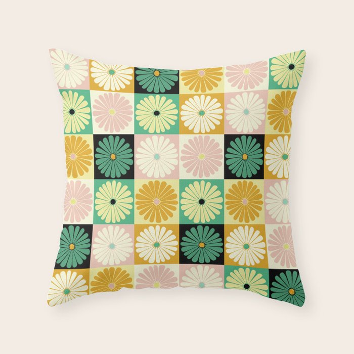 Retro Flowers Check Pattern XXV Throw Pillow Gallery Image 1