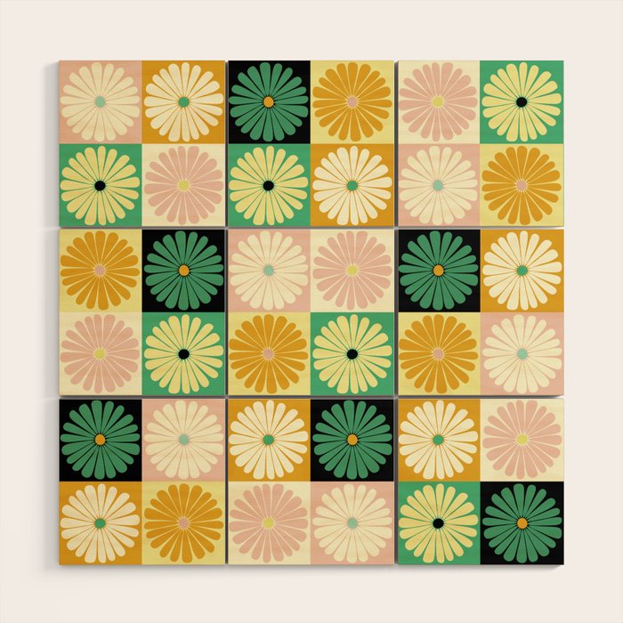 Retro Flowers Check Pattern XXV Wood Wall Art Gallery Image 1