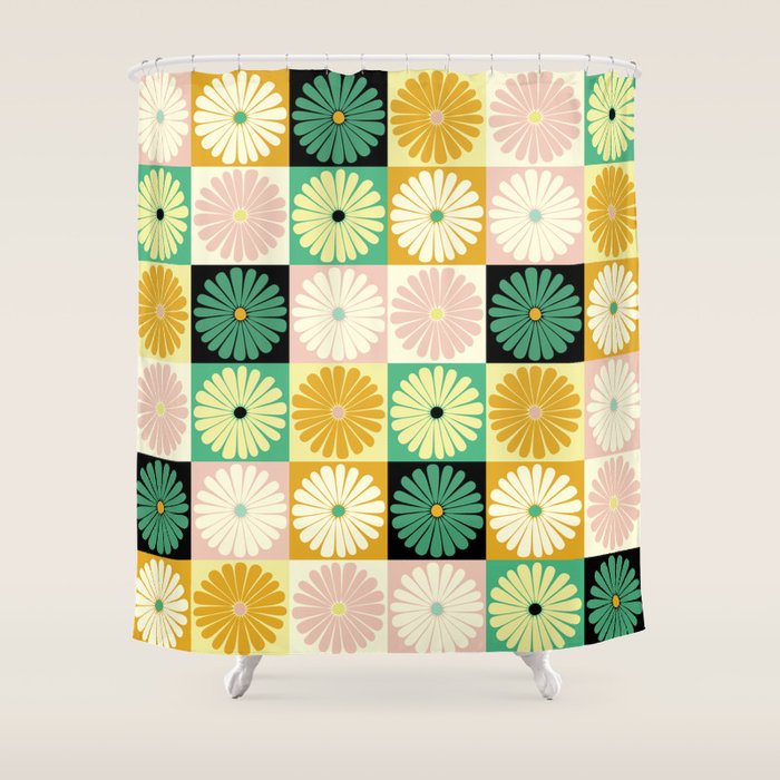 Retro Flowers Check Pattern XXV Shower Curtain Gallery Image 1