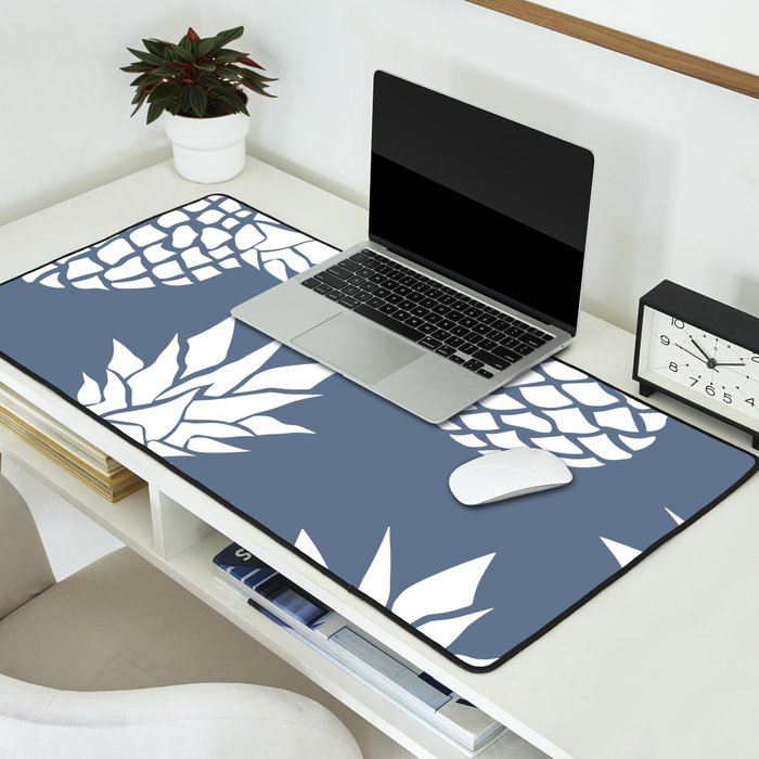 Festive, Tropical, Pineapples, Blue and White Desk Mat Gallery Image 2