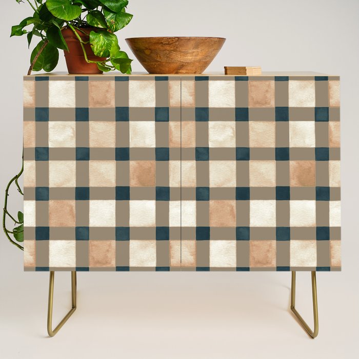 Cozy heirloom Rustic plaid Geometric Gold Navy Credenza Gallery Image 1