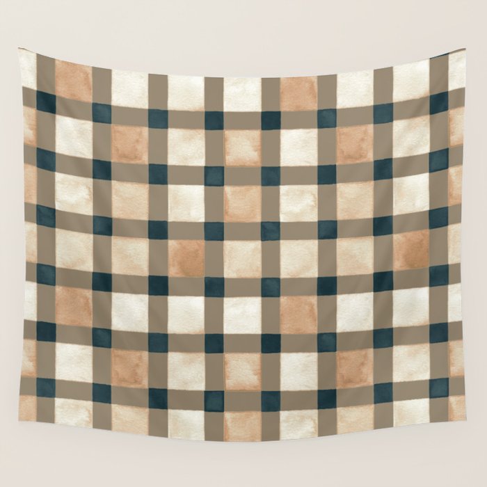 Cozy heirloom Rustic plaid Geometric Gold Navy Wall Tapestry Gallery Image 1
