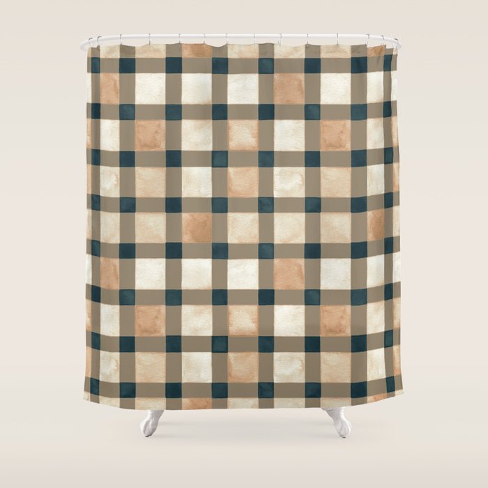 Cozy heirloom Rustic plaid Geometric Gold Navy Shower Curtain Gallery Image 1